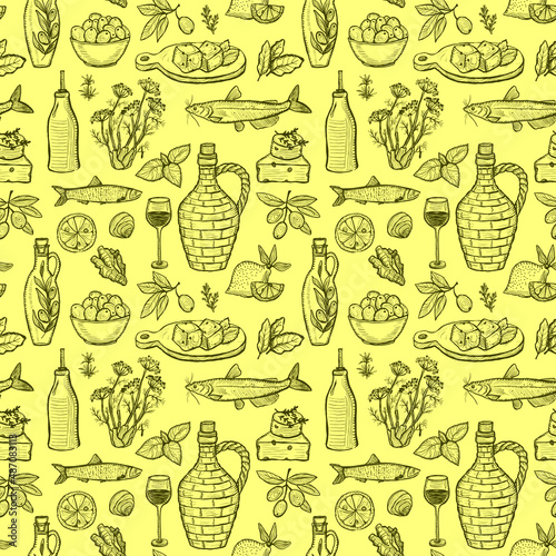 Seamless vector pattern design template with mediterranean traditional food symbols