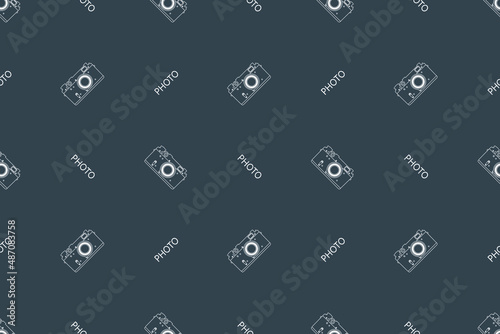 Seamless pattern from old drawn cameras. Background on the theme of photography and photographic equipment.