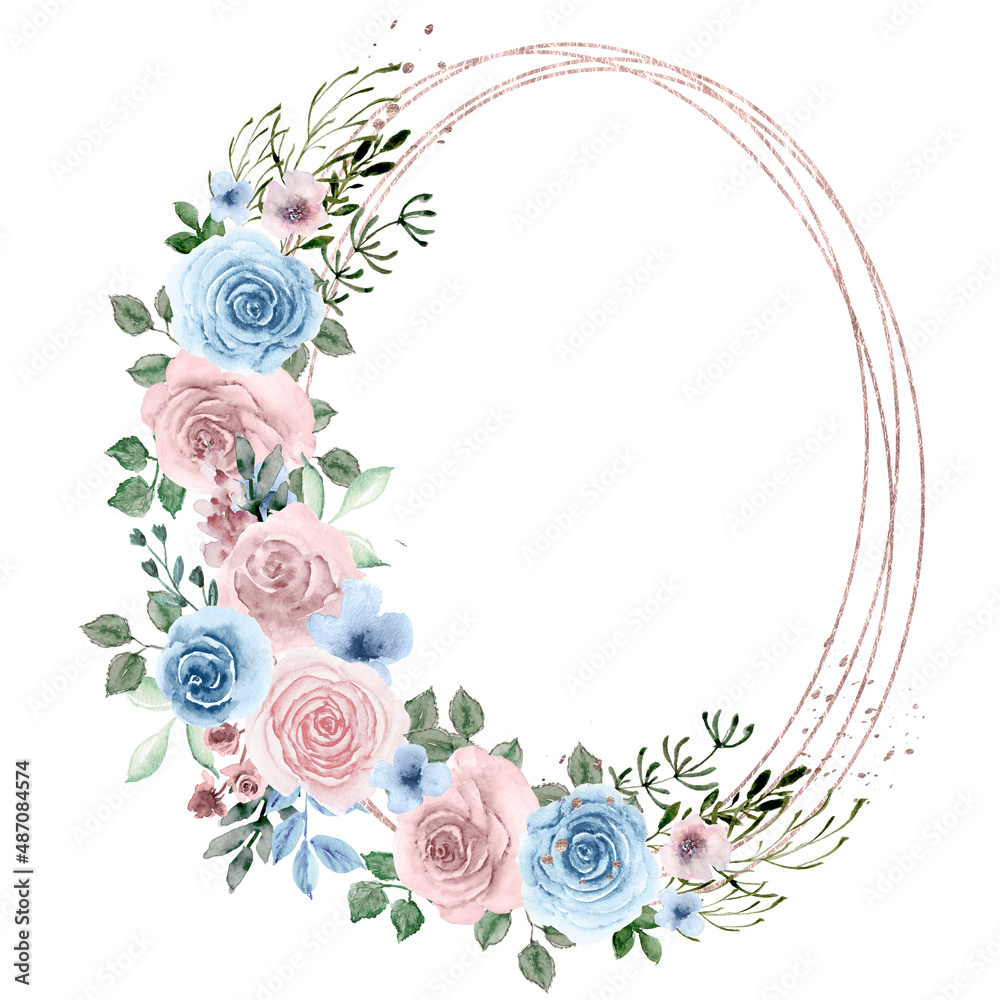 Floral Polygonal Round Frame, Watercolor Flower geometric Oval Frame, Decorative Illustration