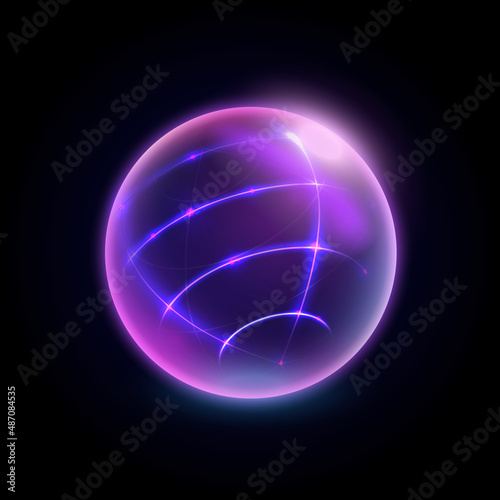 Safety and protection energy bubble isolated protected sphere with mesh grid as physical barrier. Vector neon globe, round shape of object, cyberspace and digital space virtual reality element © Sensvector