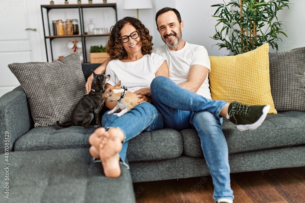 Middle age hispanic couple smiling happy sitting on the sofa with dogs at home.