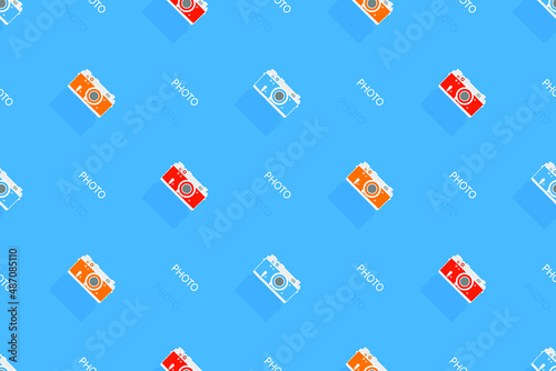 Seamless pattern from old drawn cameras. Background on the theme of photography and photographic equipment.