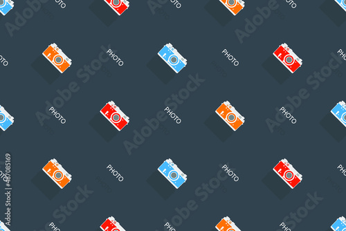 Seamless pattern from old drawn cameras. Background on the theme of photography and photographic equipment.
