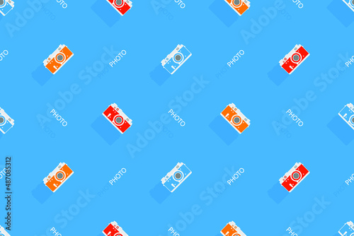 Seamless pattern from old drawn cameras. Background on the theme of photography and photographic equipment.
