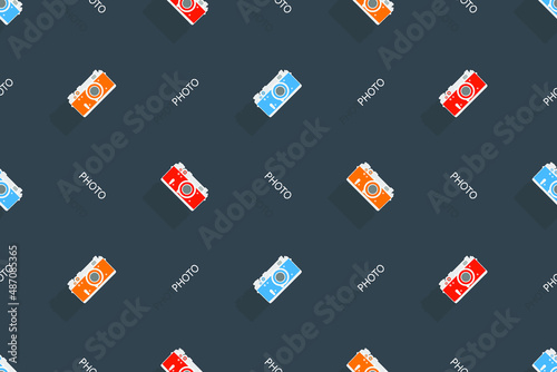 Seamless pattern from old drawn cameras. Background on the theme of photography and photographic equipment.