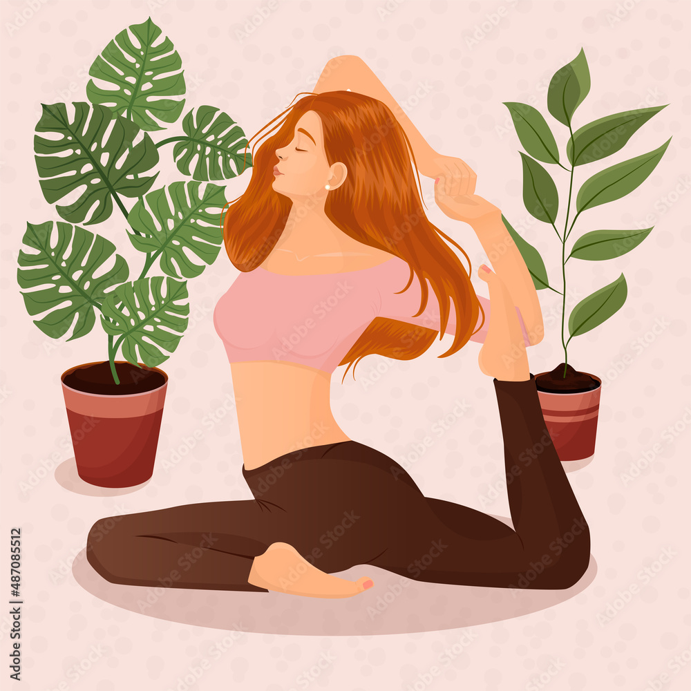 Illustration of a red-haired girl doing yoga at home on the background of pots with flowers and leaves. The concept of yoga, meditation, sports, healthy lifestyle, yoga poses, asana. Illustration of a red-haired girl doing yoga at home on the background of pots with flowers and leaves. The concept of yoga, meditation, sports, healthy lifestyle, yoga poses, asana.