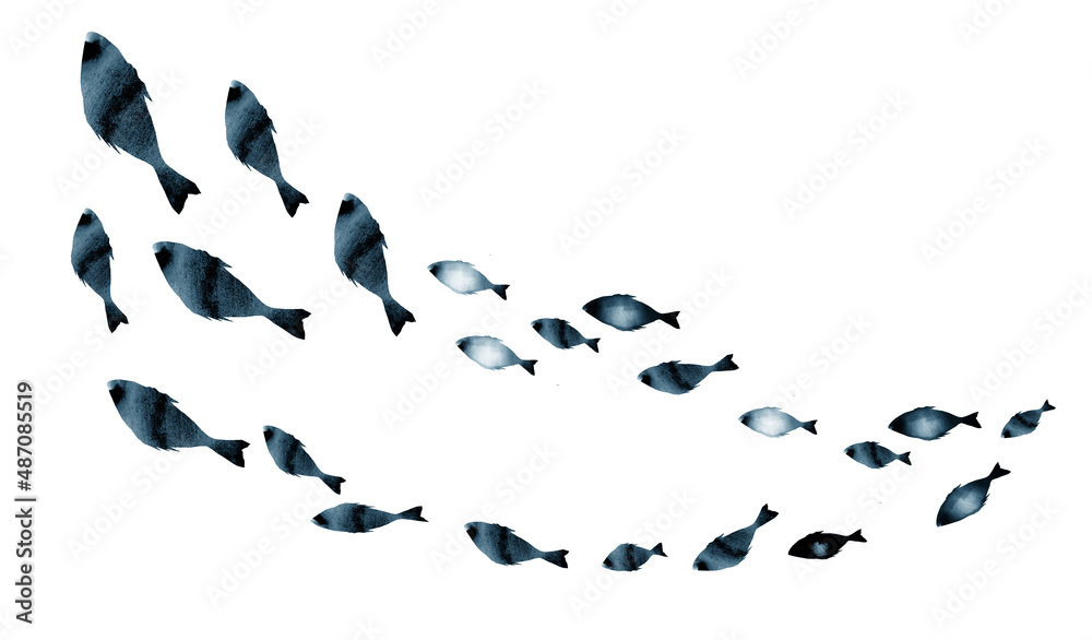 Silhouettes of groups of fishes on white. Watercolor Silhouettes of groups of fishes on white. Watercolor