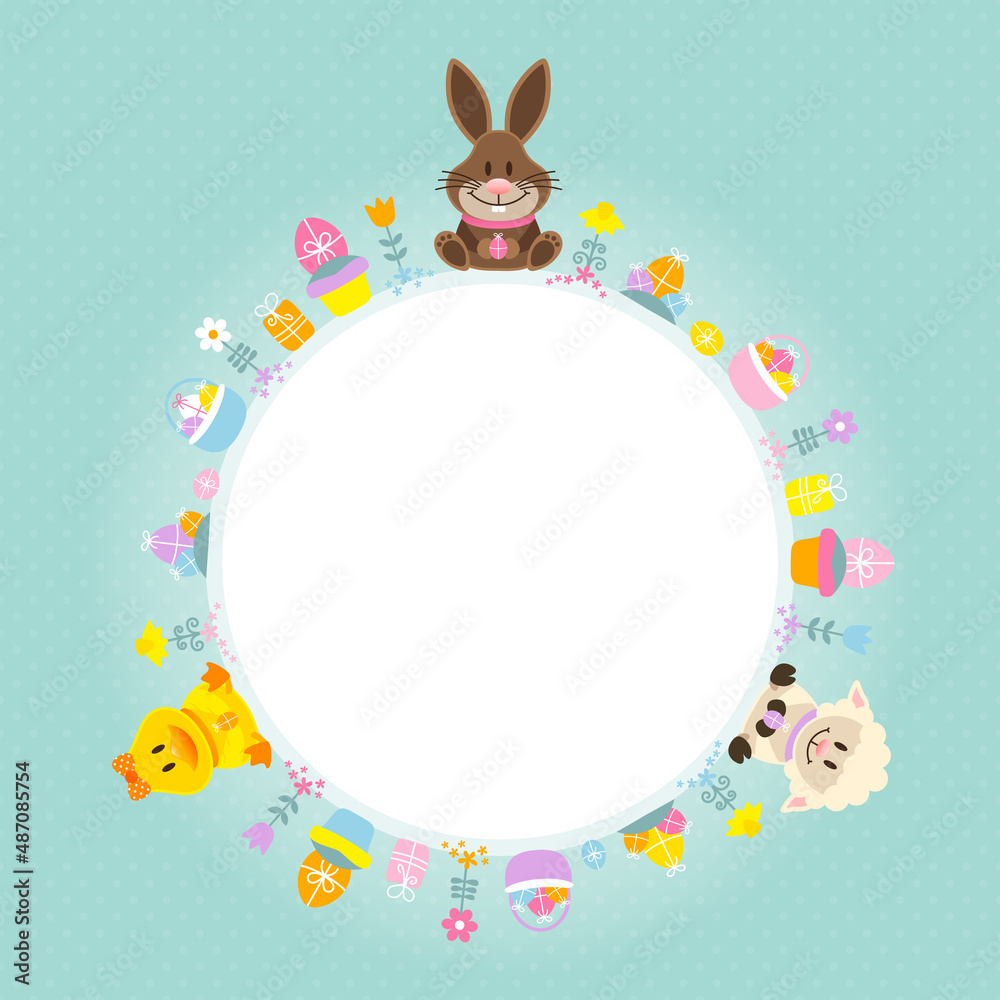 Obraz premium Osterhase, Ente & Schaf Icons Rahmen Punkte Türkis