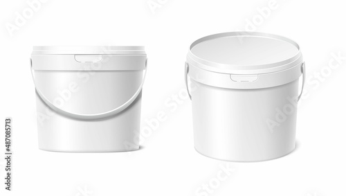 3d realistic vector icon set. Plastic white paint bucket in top and front view.