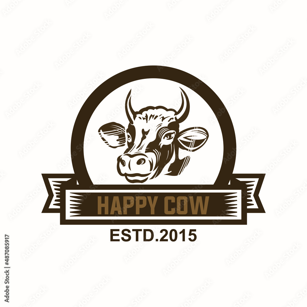 Fototapeta premium happy cow, dairy cow milk logo, silhouette of smart cattle head in circle vector illustration