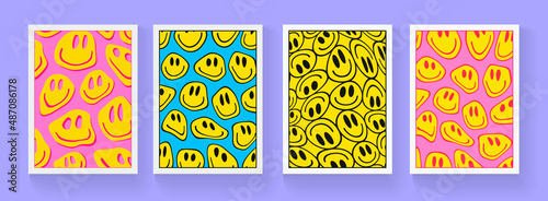 Cool Smile Funky Posters Collection. Set Of Trendy Groovy Patterns Vector Design. Pop Art Funny Illustration.