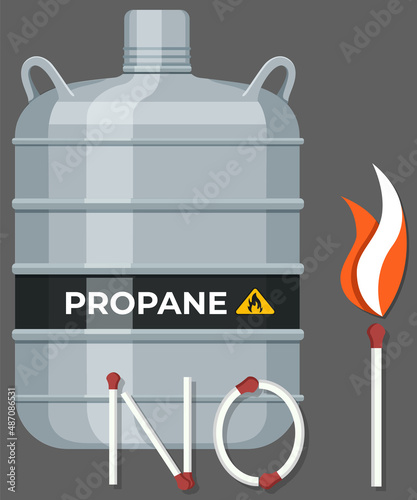 Gas cylinder, canister with fuel storage. Balloon with flammable sign near fire warning. Metal tank with liquefied compressed petroleum, propane. Pressurized gas cylinder with flammable substance