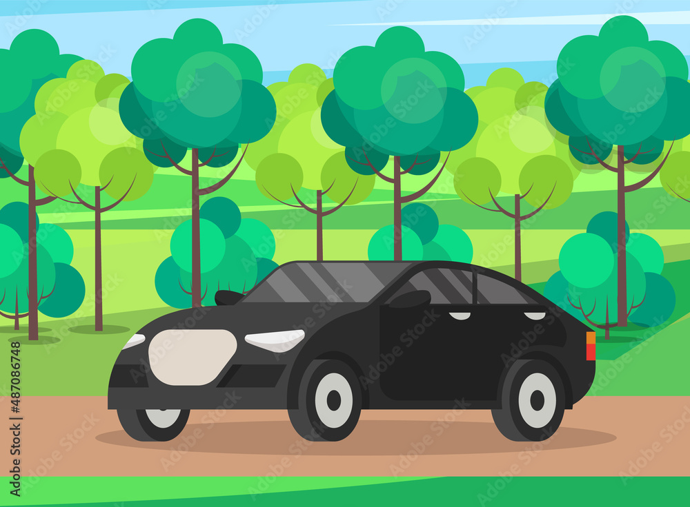Black family car for driving on road. Transport for traveling and city trips. Flat automobile with isolated white background vector. Modern car design transport and equipment , vehicle sedan side view