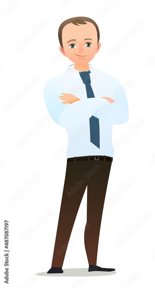 Pretty boy student. Cheerful guy. Standing pose. Cartoon flat design in comic style. Single character. Illustration isolated on white background. Vector Pretty boy student. Cheerful guy. Standing pose. Cartoon flat design in comic style. Single character. Illustration isolated on white background. Vector