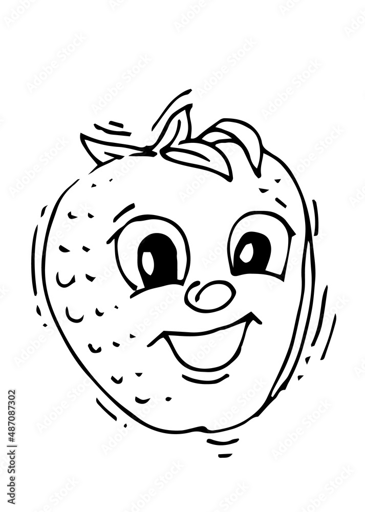 Strawberry laughs. Funny Face. Cheerful drawing of fruit. Hand drawing outline. Sketch Isolated on white background. Vector Strawberry laughs. Funny Face. Cheerful drawing of fruit. Hand drawing outline. Sketch Isolated on white background. Vector