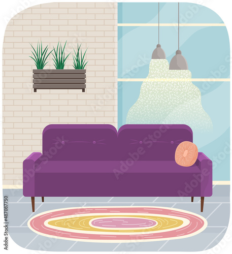 Living room furniture design, modern home interior elements. Contemporary furniture for living room or home office. Sofa with pillows. Modern sofa place to relax