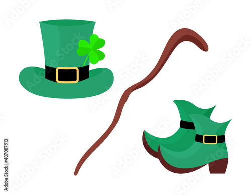Hat, shoes and walking stick of leprechaun. Accessories set isolated. Saint Patricks Day holiday elements. Vector flat illustration