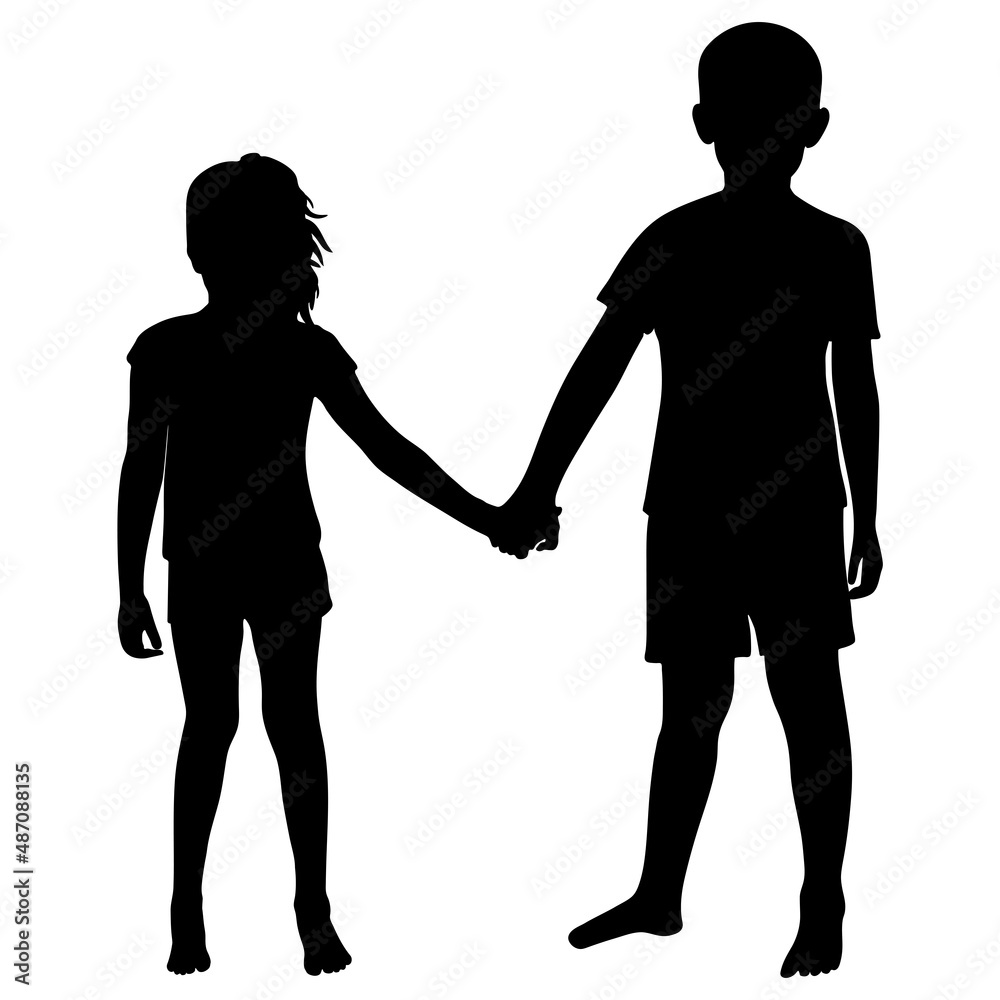 Silhouette of boy and girl holding hands. Vector illustration