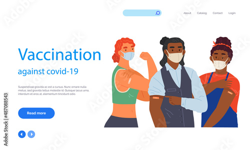 Stop coronavirus agitation concept. Vaccination promo, immunization of workers. Vaccine saves lives. People wearing protective mask showing their arm with bandage after receiving covid-19 vaccine