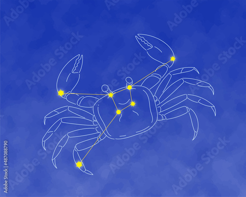 かに座の線画と星の配置、明るい夜空