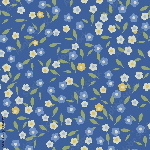 Simple pattern of little white, yello and blue flowers on blue background. Floral seamless backdrop in liberty style. Colorful print for textile, book covers, wallpapers, gift wrap, scrapbooking.