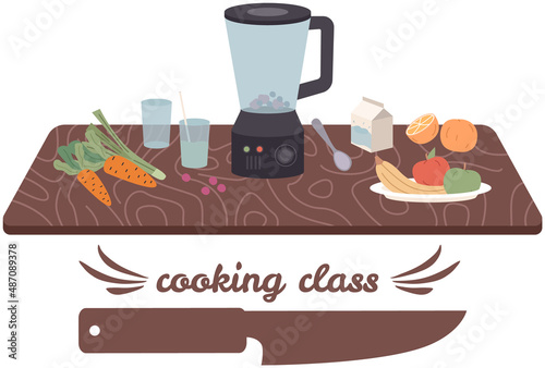 Premium cooking class design elements. Kitchen emblem, food studio label. Culinary school badge. Hand drawn lettering for cooking masterclass. Process of food preparation, ingredients for dish concept