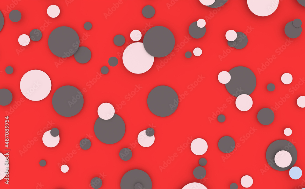 white and gray circles of different diameters with soft shadows on a red background