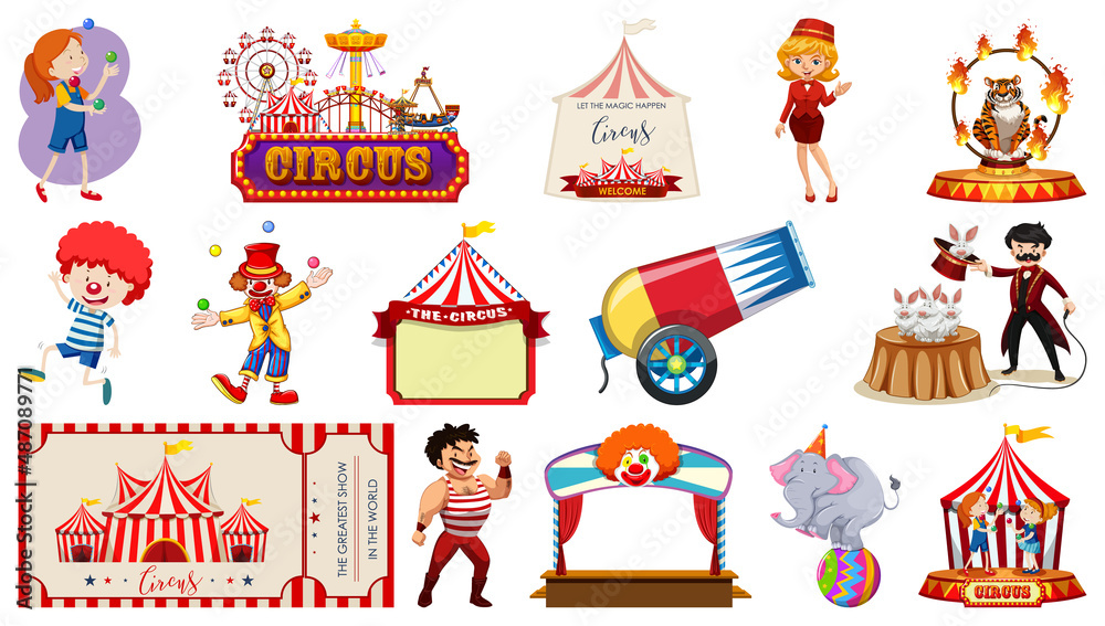 Set of circus characters and amusement park elements Set of circus characters and amusement park elements