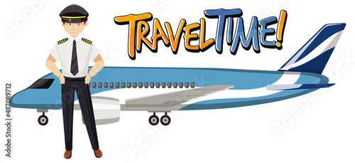 Travel Time typography design with a pilot in cartoon style