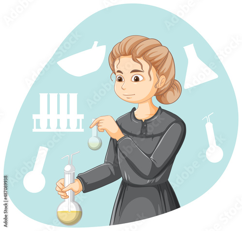 Marie Curie cartoon character on white background