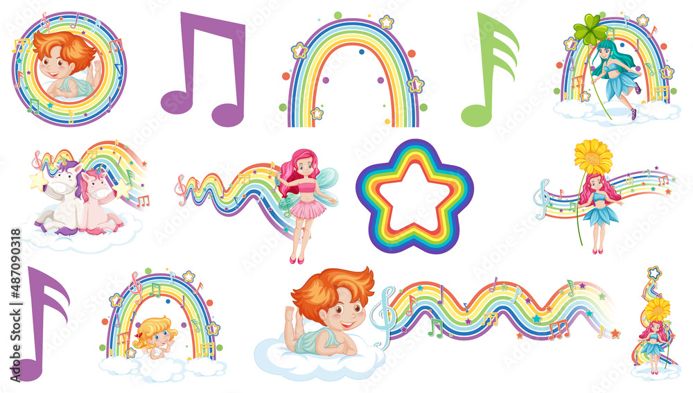 Set of fantasy fairies and cupids with rainbow elements Set of fantasy fairies and cupids with rainbow elements