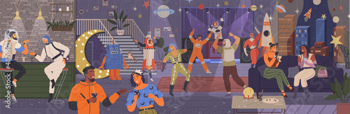 Space party. People are dancing in costumes on space theme. Cute astronauts and rocket in space for birthday party in cosmic style. Birthday celebration invitation. Dancing people on theme disco party