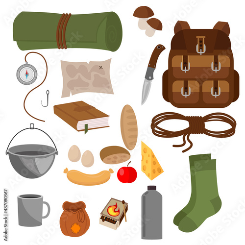 A large set of things for a hike. Vector illustration on the theme of tourism.