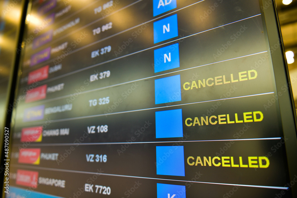 Bangkok, Thailand Feb 9, 2022 departure board showing cancelled