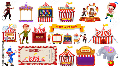 Set of circus characters and amusement park elements