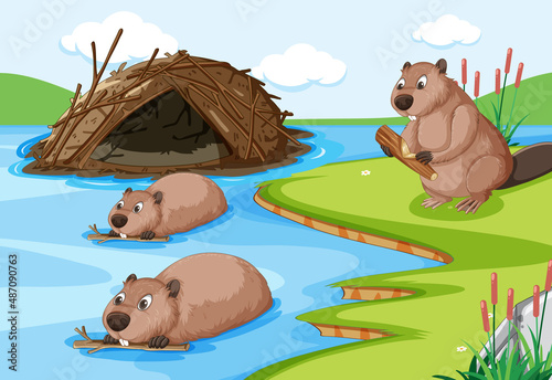 Forest scene with beavers building a dam house