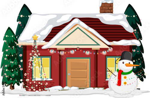 Snow covered house with Christmas light string and snowman
