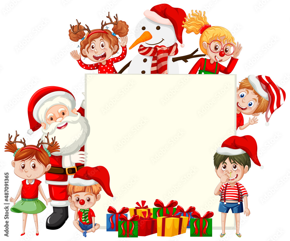 Empty board with Santa Claus and children cartoon characters