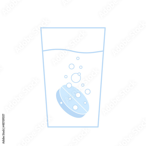Soluble effervescent tablet medication with bubbles in glass, fizzy drug. Dissolution process. Medication treatment. Vector