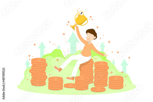 Vector creative young man design, Cartoon character young man hold trophy number one sitting on pile coin.