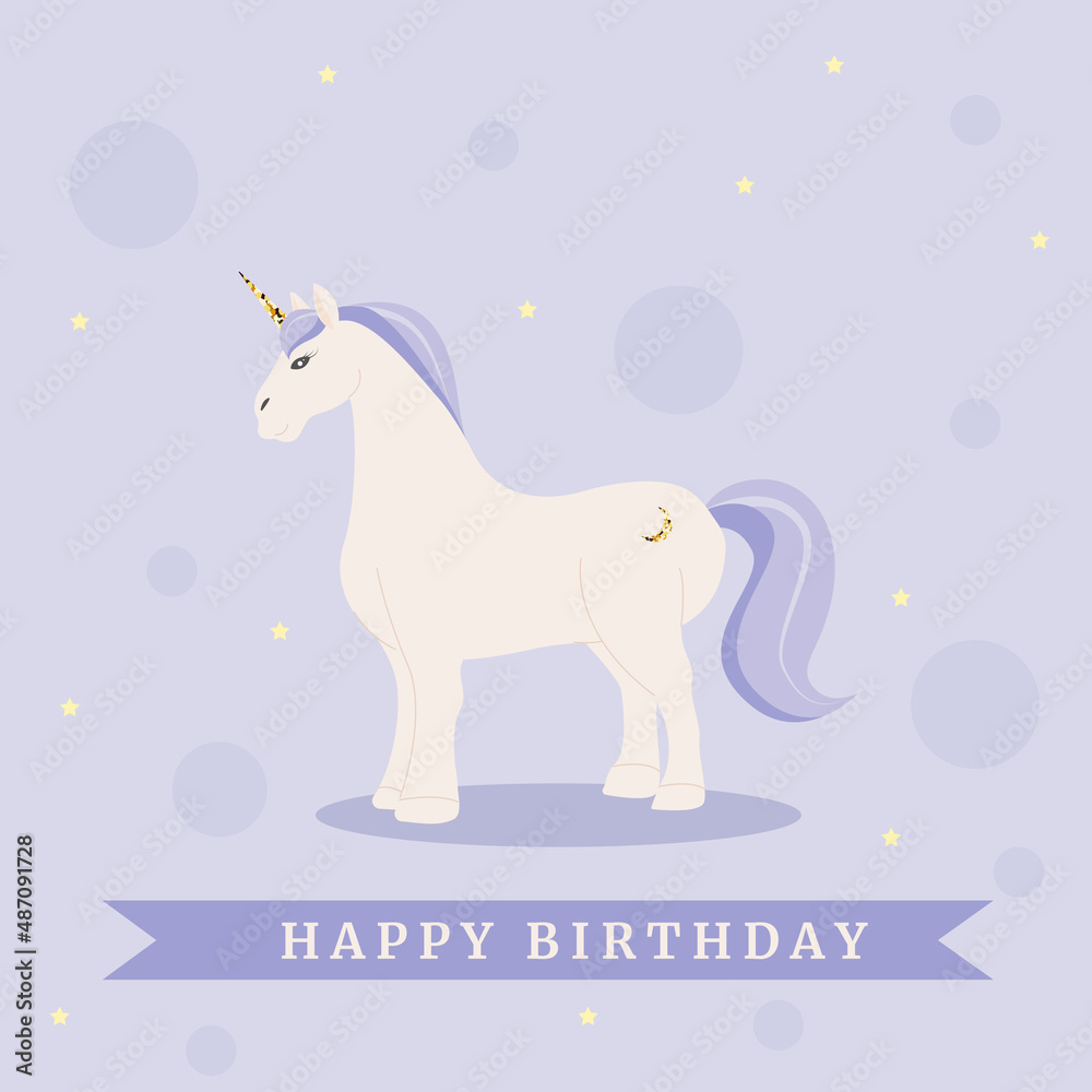 Fototapeta premium Unicorn birthday card in light purple