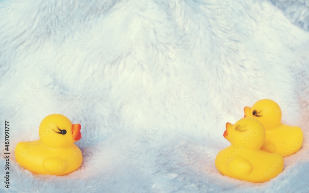 yellow rubber duckling laying on white feather background yellow rubber duckling laying on white feather background