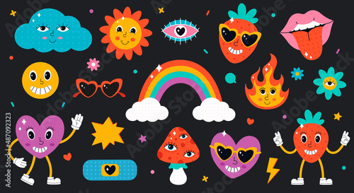 Set of cute characters and elements in 90s style. Hippie  psychedelic  groove  retro and vintage style. Vector illustration