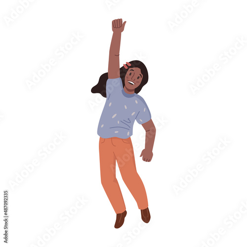 Preschooler with smiling facial expression jumping high and raising hand. Vector isolated kid playing outdoor games, preteen in motion, funny leisure and sports activities. Flat cartoon character