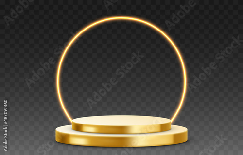 Vector golden podium png. Golden pedestal on an isolated transparent background. Podium for advertising, podium for products. PNG.