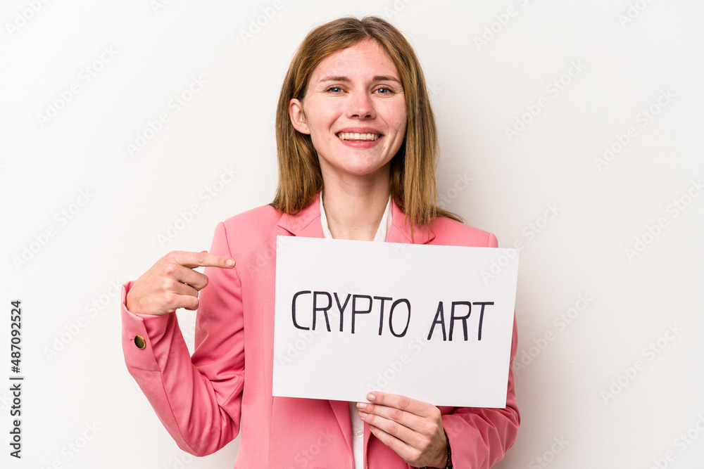 Young English business woman holding a crypto money placard isolated on white background person pointing by hand to a shirt copy space, proud and confident Young English business woman holding a crypto money placard isolated on white background person pointing by hand to a shirt copy space, proud and confident