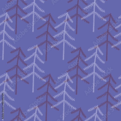 Seamless pattern with simple hand drawn elements. Spruce trees in the forest in doodle style on a very peri background. For textile, wallpaper and wrapping paper design.