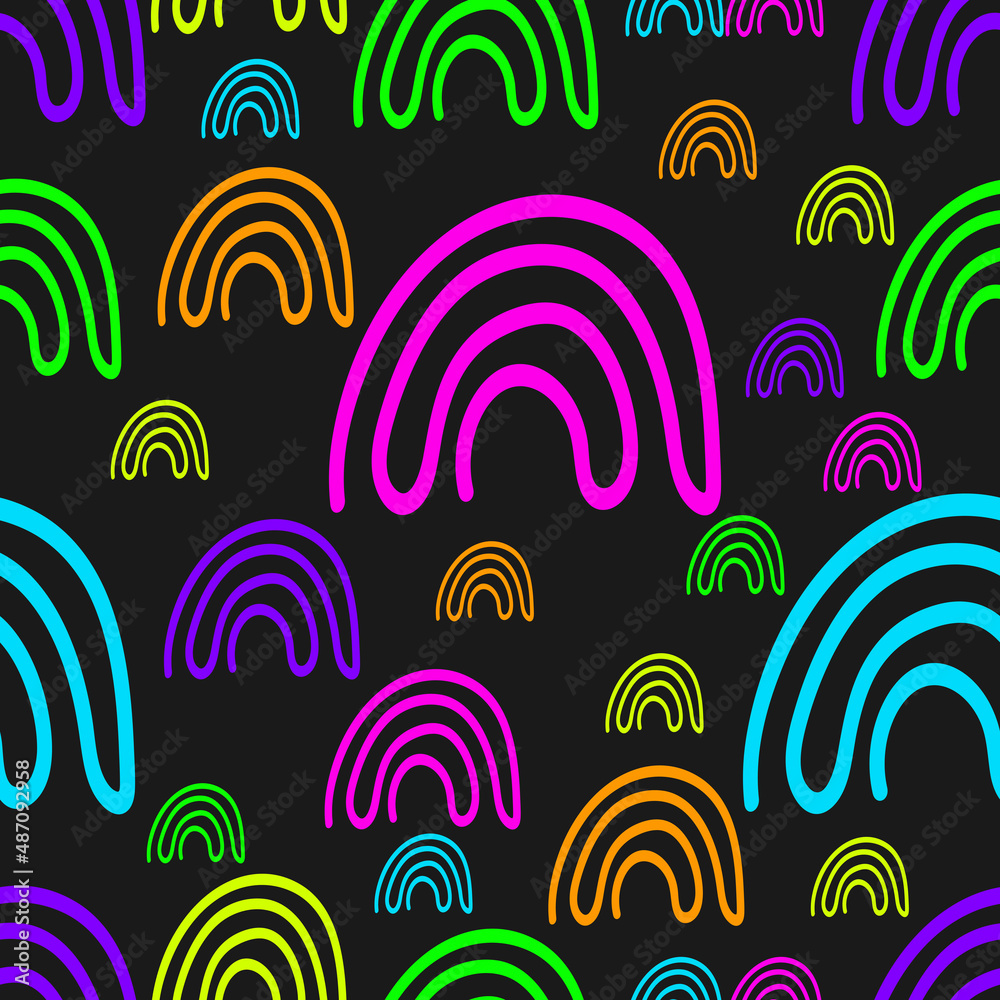 Bright neon. Hand drawn seamless pattern with rainbows. Modern print for fabric, textiles, wrapping paper. Vector illustration Bright neon. Hand drawn seamless pattern with rainbows. Modern print for fabric, textiles, wrapping paper. Vector illustration