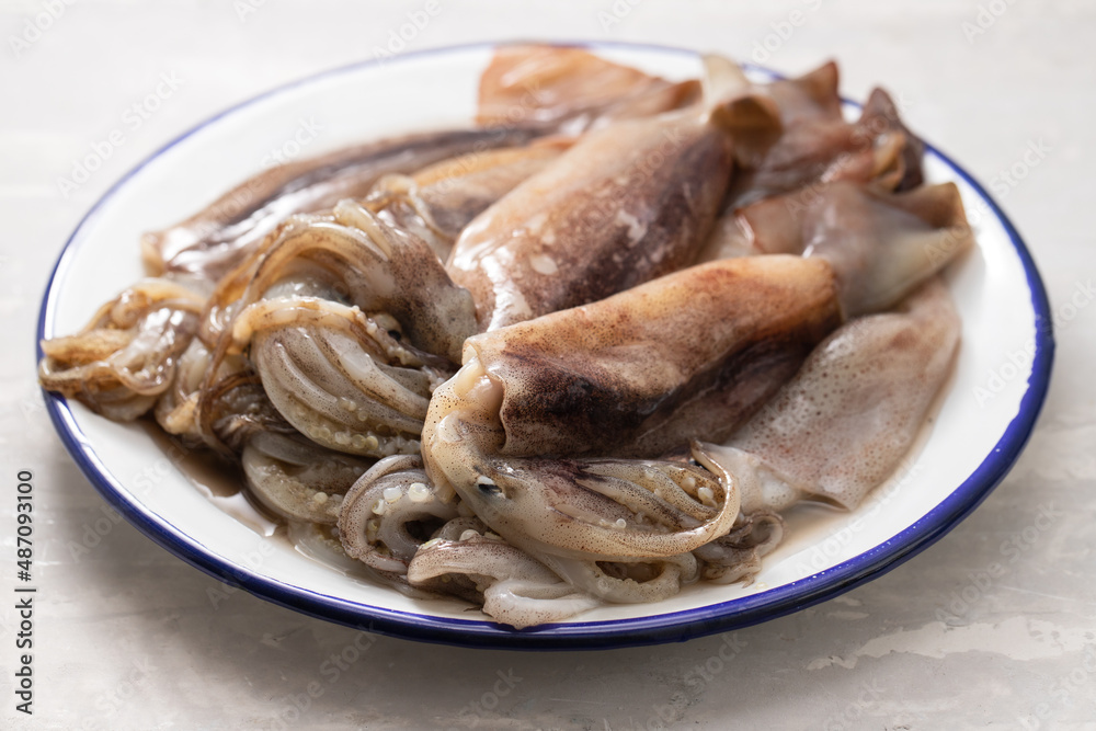 many raw unfrozen squid on white dish on ceramic