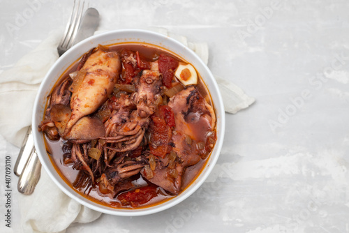 fresh tasty squid stew in white bowl on ceramic
